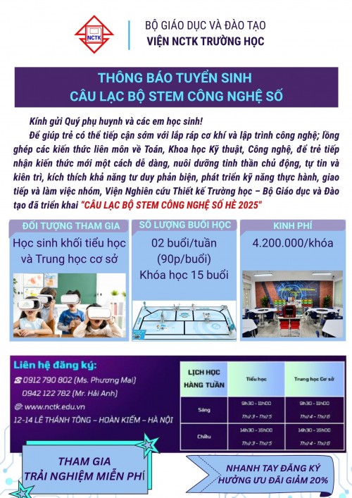 VIỆN NCTK TRƯỜNG HỌC THÔNG BÁO TUYỂN SINH CÂU LẠC BỘ STEM CÔNG NGHỆ SỐ