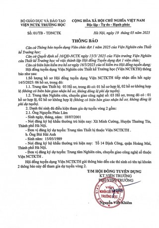VIỆN NCTK TRƯỜNG HỌC THÔNG BÁO KẾT QUẢ TUYỂN DỤNG VIÊN CHỨC ĐỢT 1 NĂM 2025